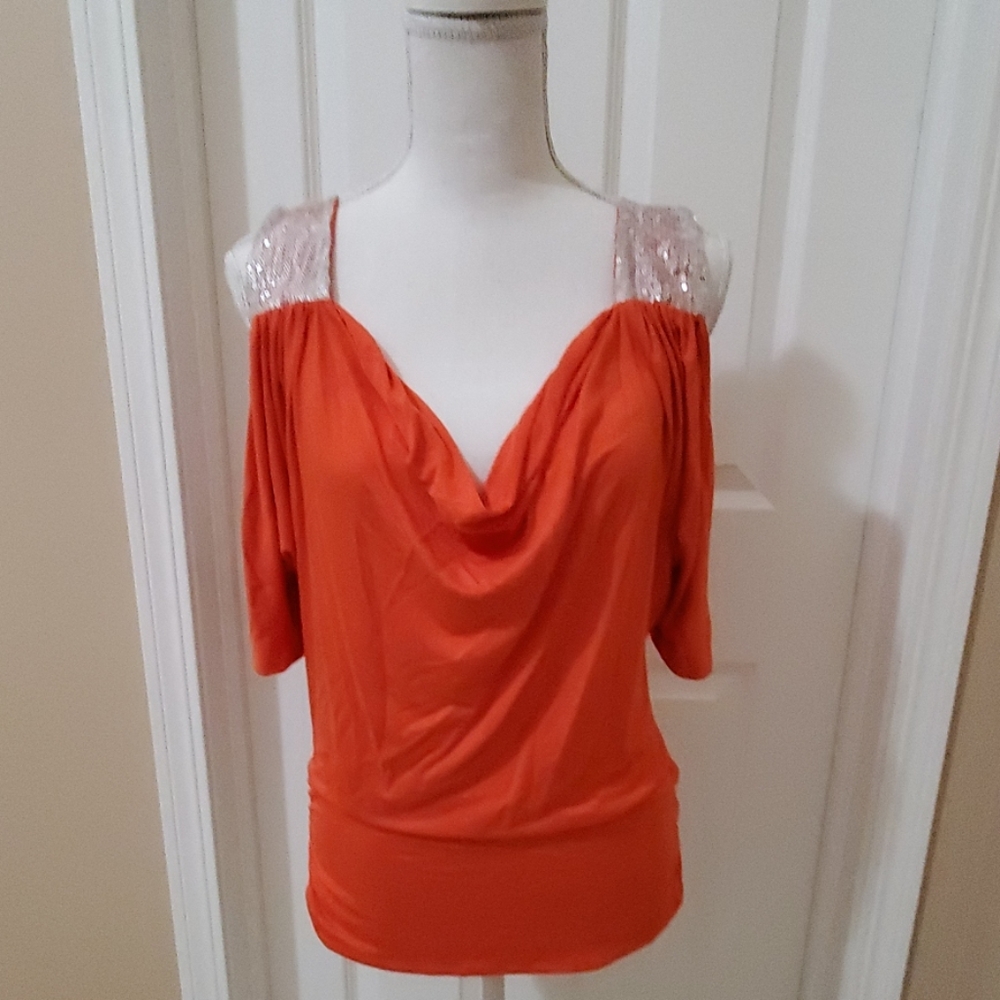 EUC Haute Apparel Orange cold shoulder top